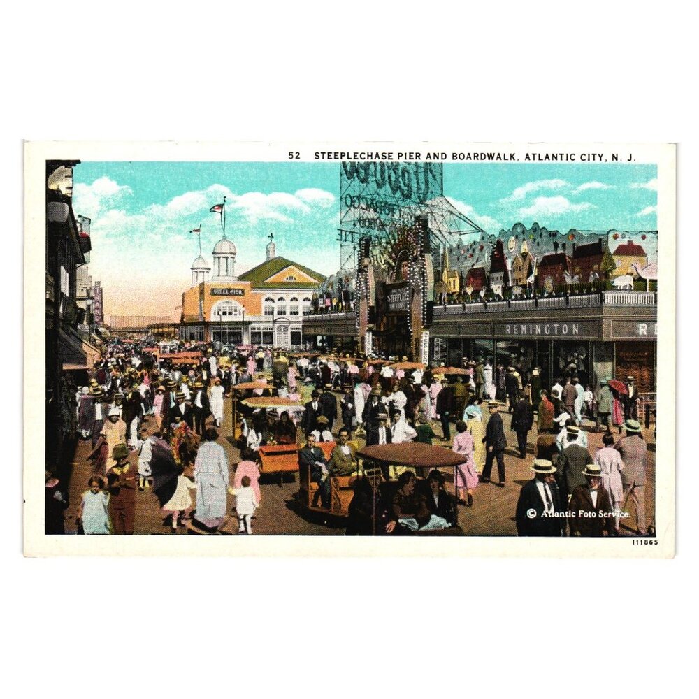 Vintage Atlantic City NJ Steeplechase Pier Boardwalk Postcard People Fair Cart